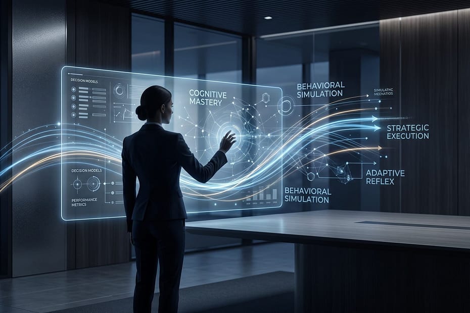 Executive interacting with an AI behavioral simulation holographic interface to bridge the knowing-doing gap